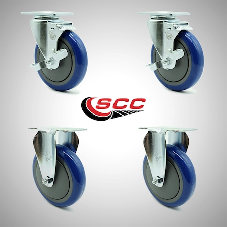 Service Caster 5 Inch SS Blue Polyurethane Top Plate Caster Set with 2 Brake 2 Rigid SCC SCC-SS20S514-PPUB-BLUE-TLB-2-R514-2